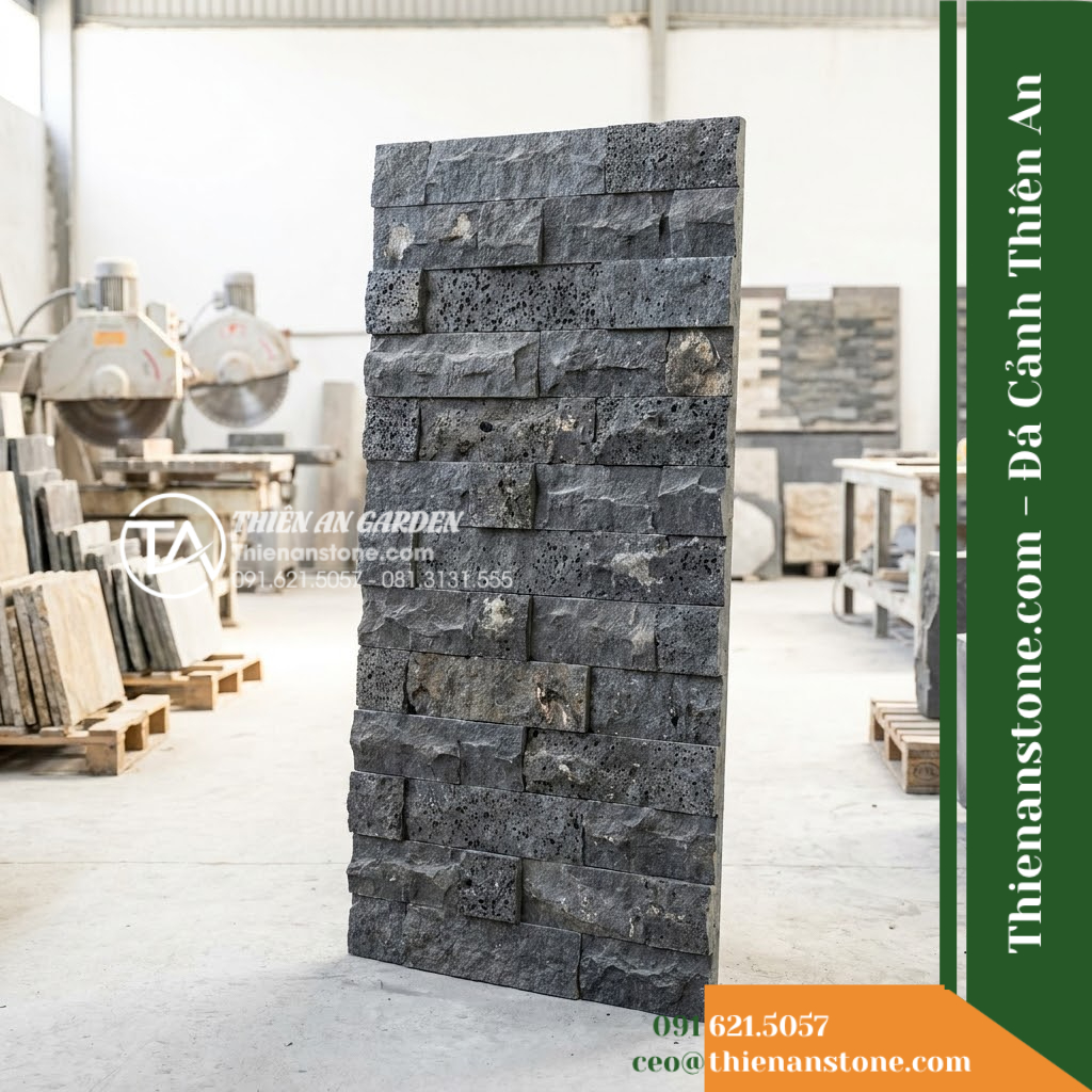 Đá ghép đen tổ ong Đồng Nai | Đá bazan lỗ Đồng Nai | 10×50 cm