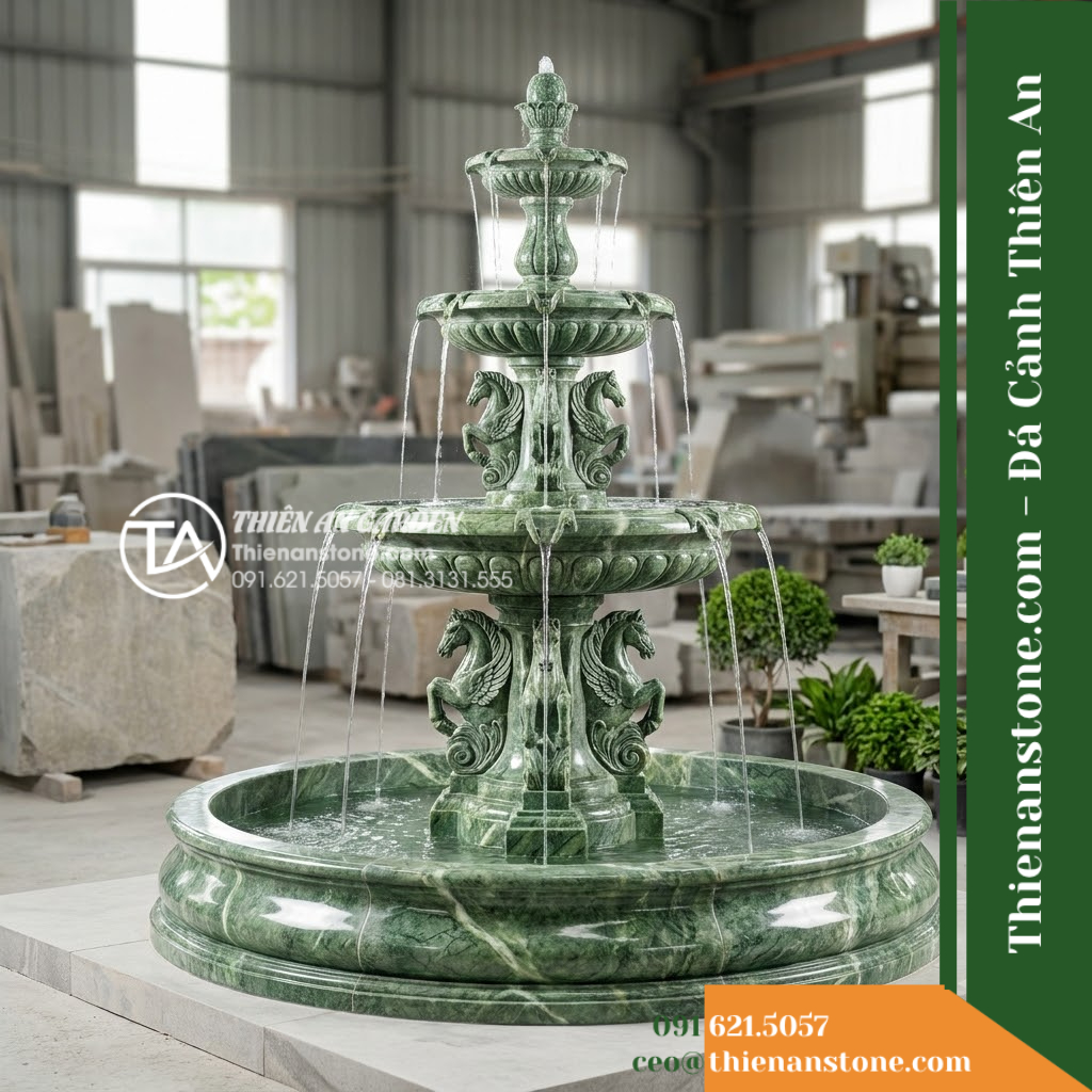 Đài Phun 3 Tầng Chạm Ngựa Apanh Phun, Bát D1.5m Cao 2.2m
