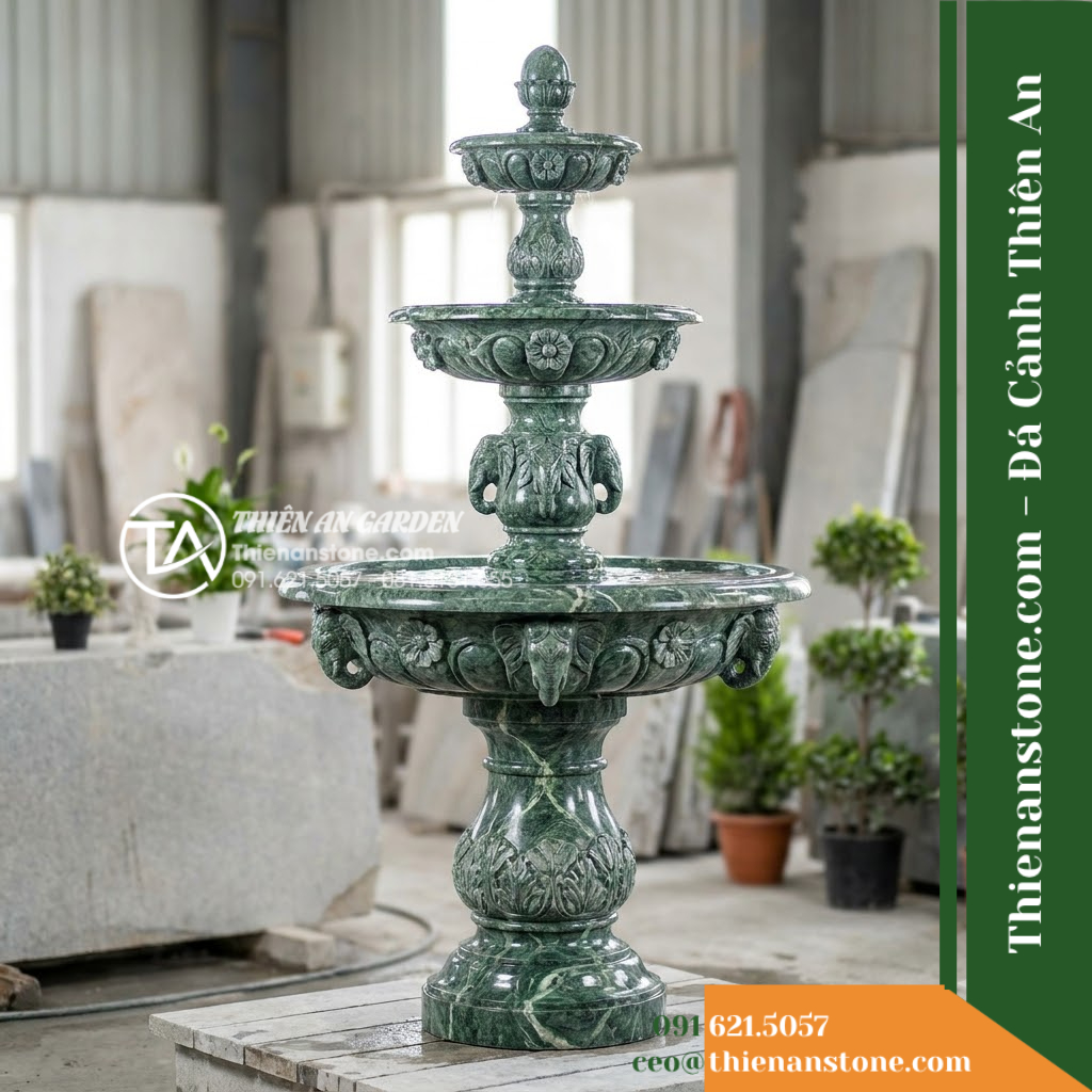 Đài Phun 3 Tầng Khắc Hoa Voi Đầu Bát, Bát D1.4m Cao 2m