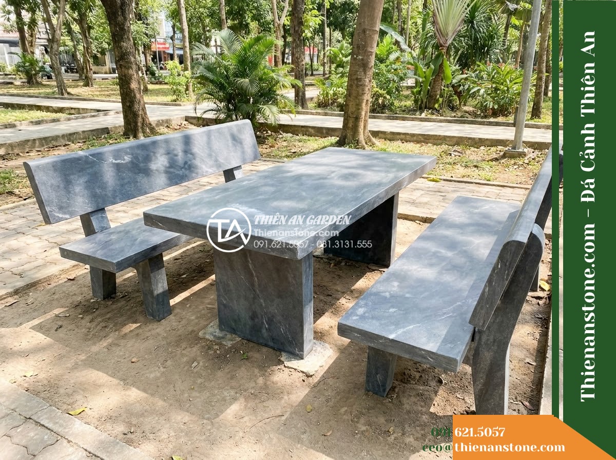 Ghế Đá Công Viên Có Tựa Bản Rộng Đại Sơn 180x55x88cm – Đá Đen Cẩm Thạch