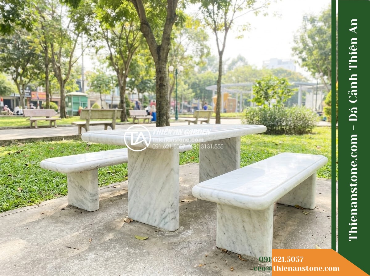 Ghế Đá Công Viên Có Tựa Bản Rộng Thiên Thanh 180x55x88cm – Đá Trắng Cẩm Thạch