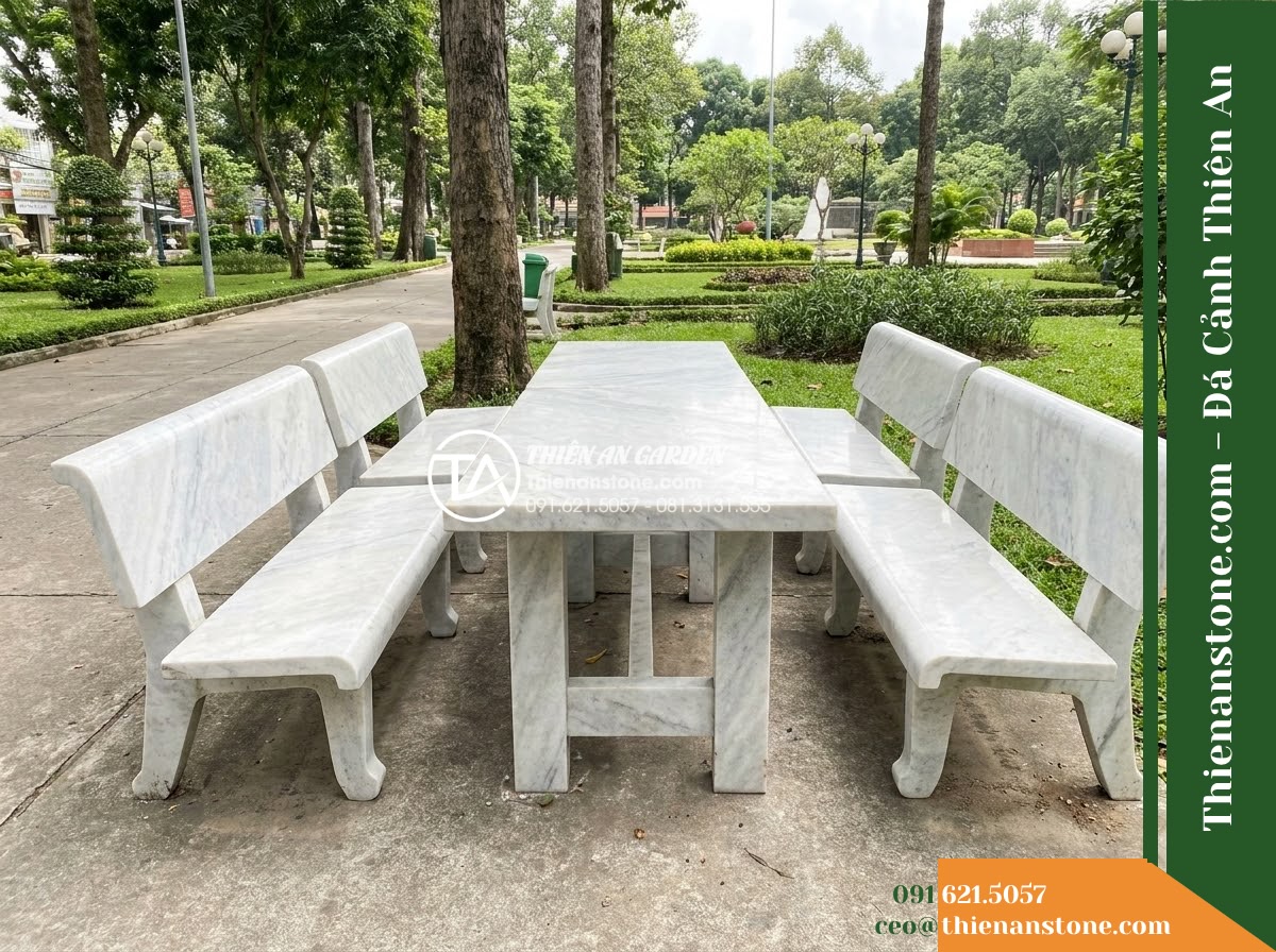 Ghế Đá Công Viên Có Tựa Bo Cong Minh Châu 150x50x82cm – Đá Trắng Cẩm Thạch