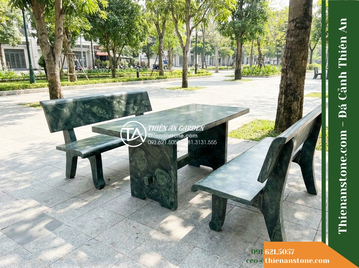Ghế Đá Công Viên Có Tựa Bo Cung An Sơn 140x50x82cm – Đá Xanh Cẩm Thạch