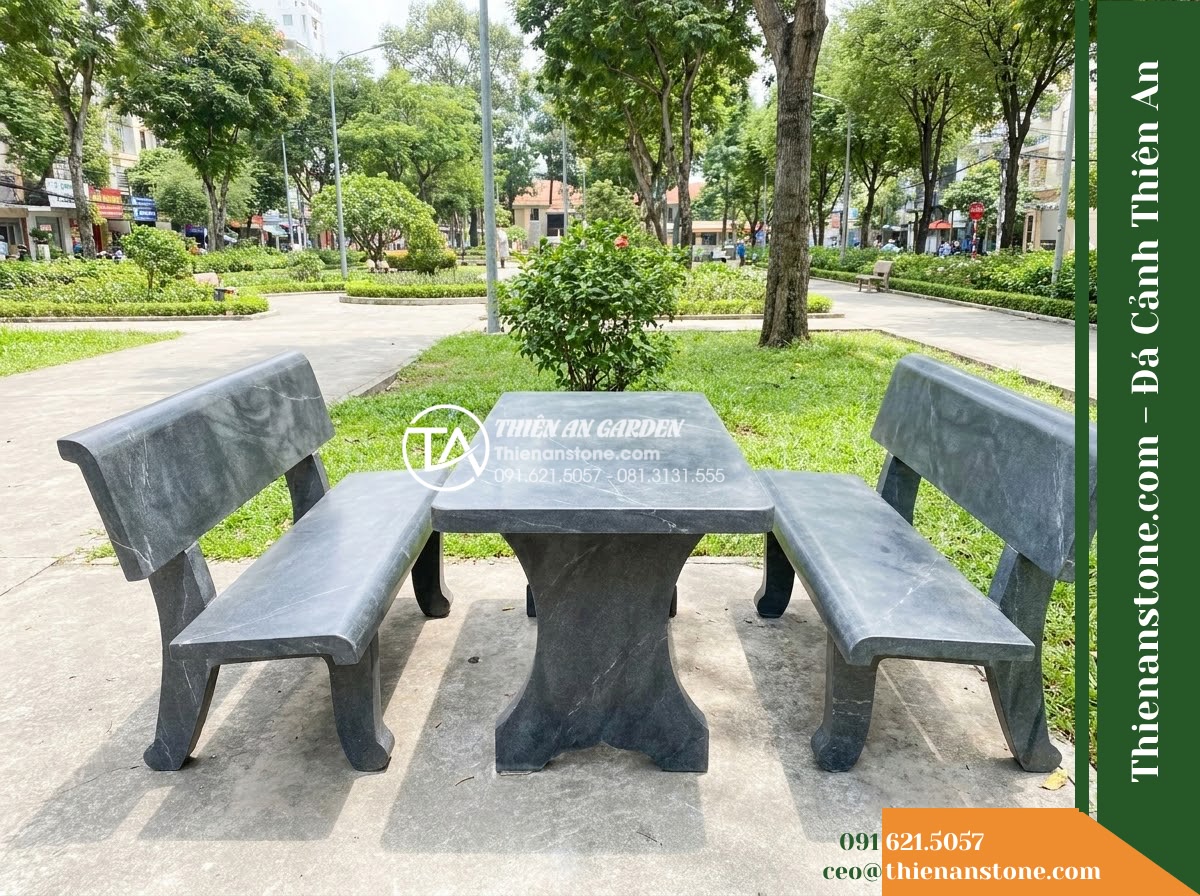 Ghế Đá Công Viên Có Tựa Bo Cung Mặc Viên 150x50x82cm – Đá Đen Cẩm Thạch