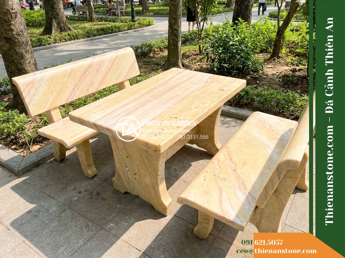 Ghế Đá Công Viên Có Tựa Bo Mềm Phúc Khang 150x50x82cm – Đá Vàng Cẩm Thạch