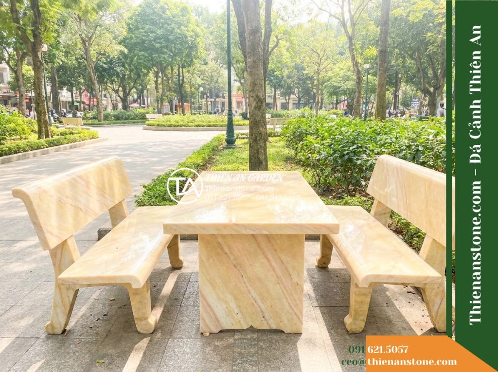 Ghế Đá Công Viên Có Tựa Cánh Cung Kim Phúc 150x50x85cm – Đá Vàng Cẩm Thạch