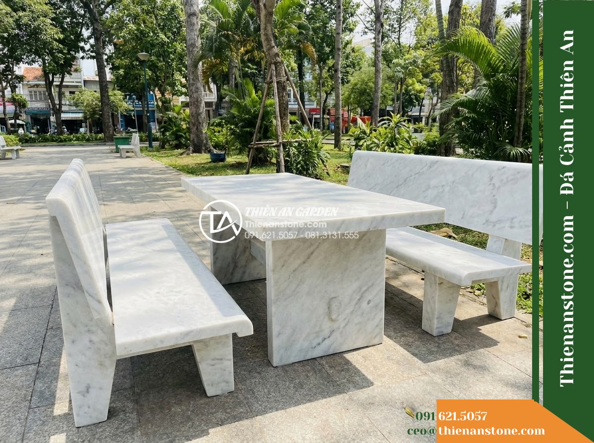 Ghế Đá Công Viên Có Tựa Cao Thiên Phúc 160x50x90cm – Đá Trắng Cẩm Thạch