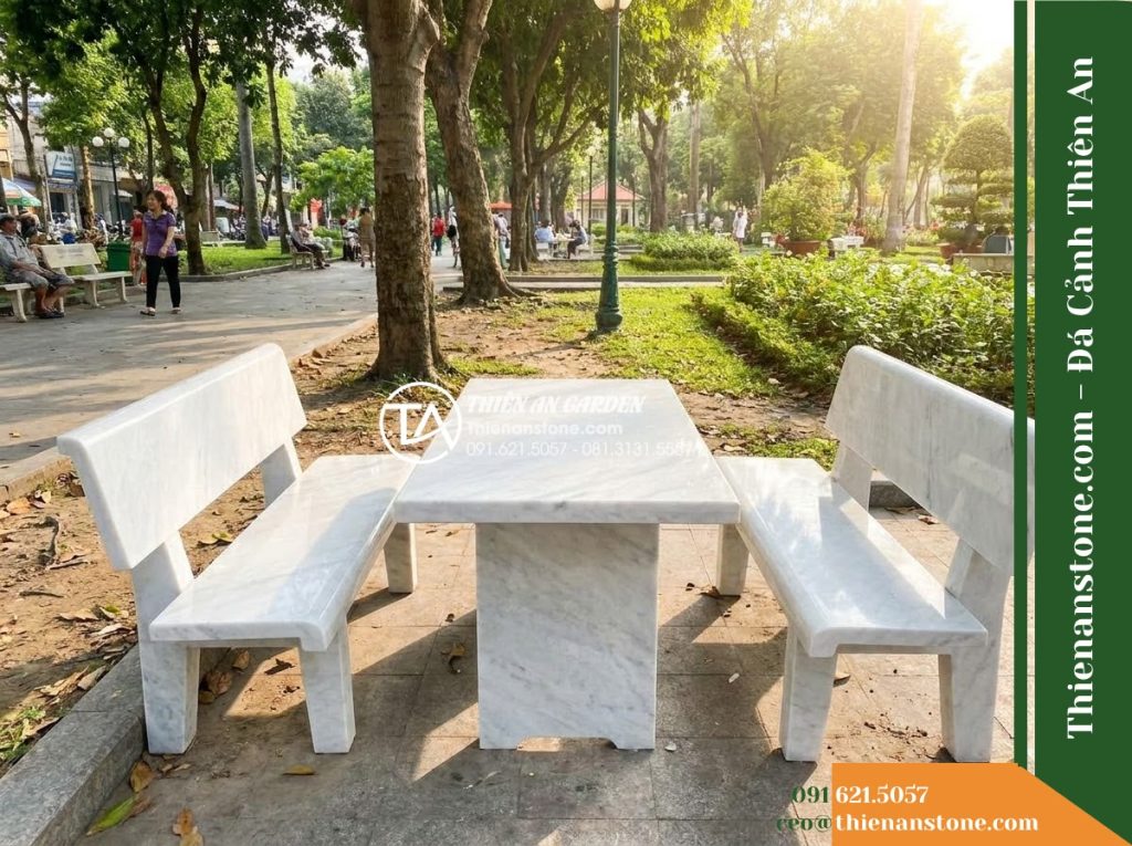 Ghế Đá Công Viên Có Tựa Chữ Nhật Nhật Minh 180x50x85cm – Đá Trắng Cẩm Thạch