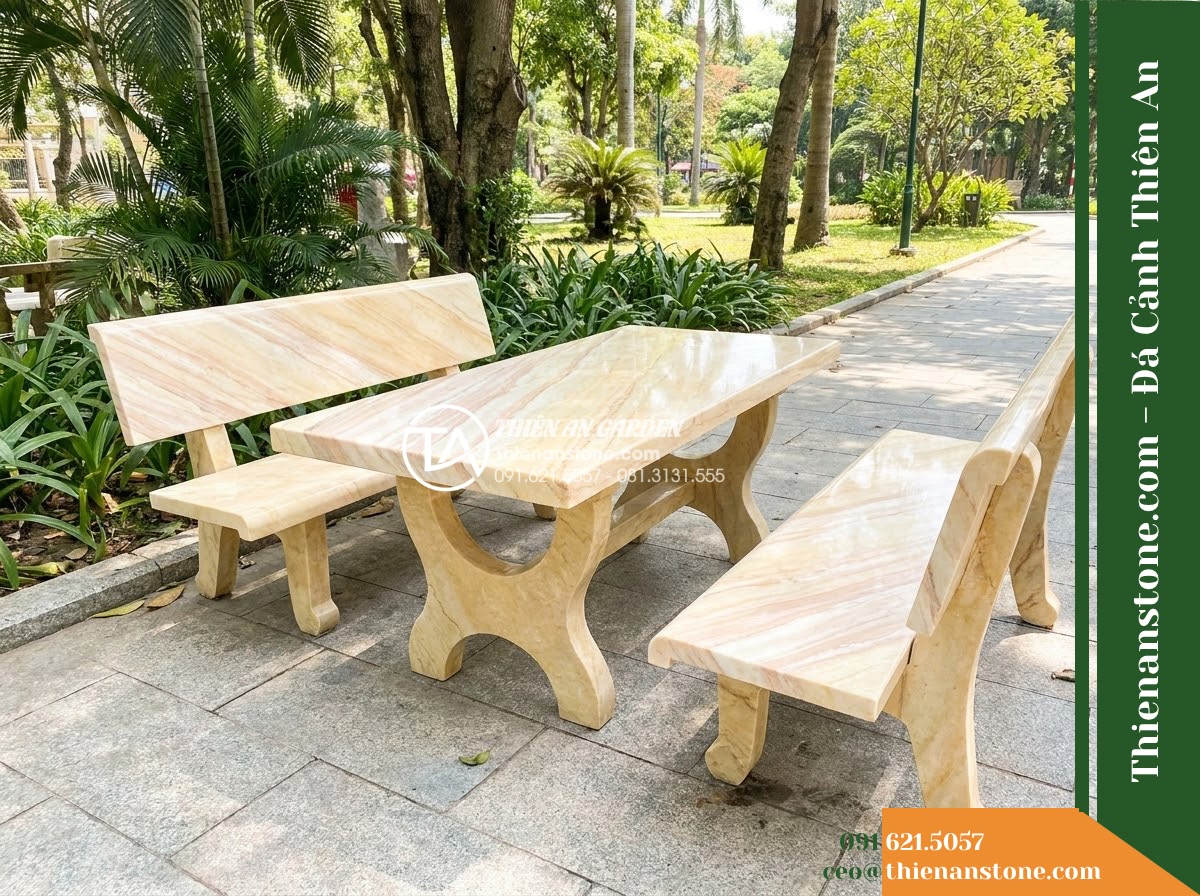 Ghế Đá Công Viên Có Tựa Kẻ Dọc Hưng Thịnh 150x50x88cm – Đá Vàng Cẩm Thạch