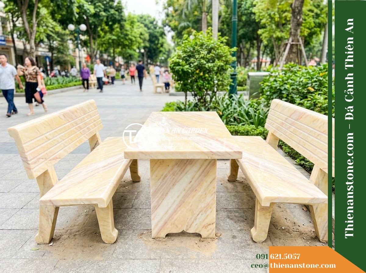 Ghế Đá Công Viên Có Tựa Kẻ Ngang Bảo An 160x50x85cm – Đá Vàng Cẩm Thạch