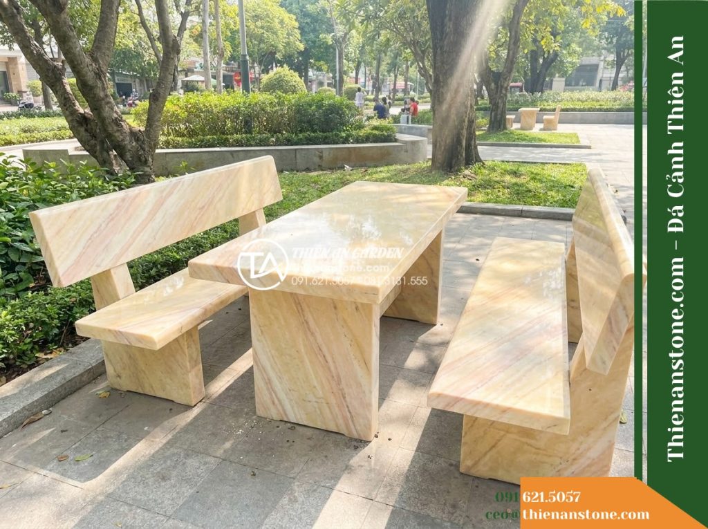Ghế Đá Công Viên Có Tựa Khối Đặc Thiên Kim 180x55x90cm – Đá Vàng Cẩm Thạch