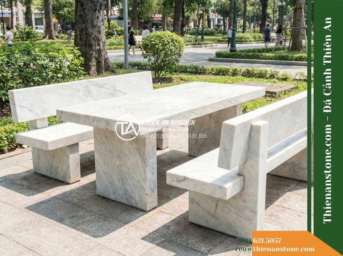 Ghế Đá Công Viên Có Tựa Khối Vuông Hoàng Gia 180x55x90cm – Đá Trắng Cẩm Thạch