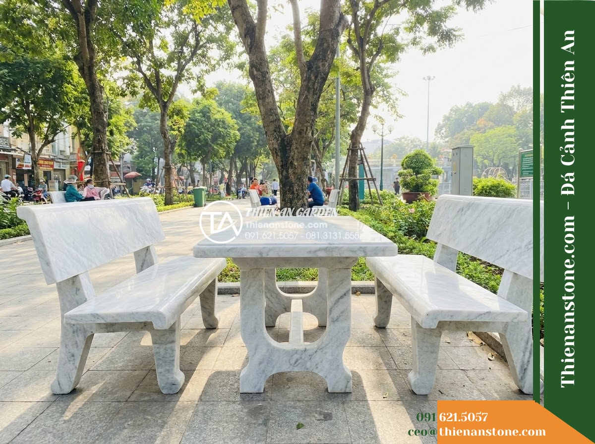 Ghế Đá Công Viên Có Tựa Liền Khối Trường An 180x55x90cm – Đá Trắng Cẩm Thạch