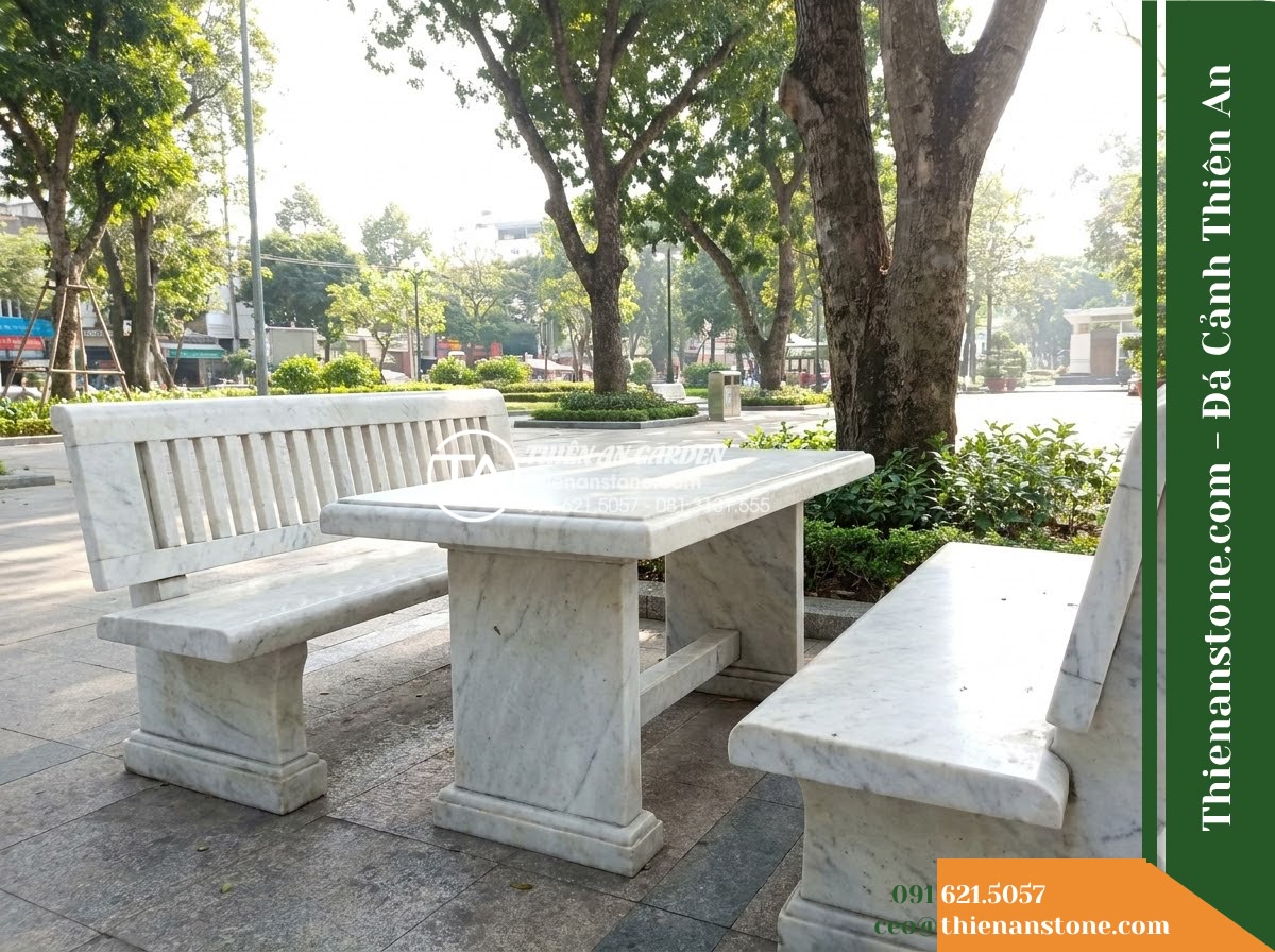 Ghế Đá Công Viên Có Tựa Nan Cổ Điển 150x50x90cm – Đá Trắng Cẩm Thạch
