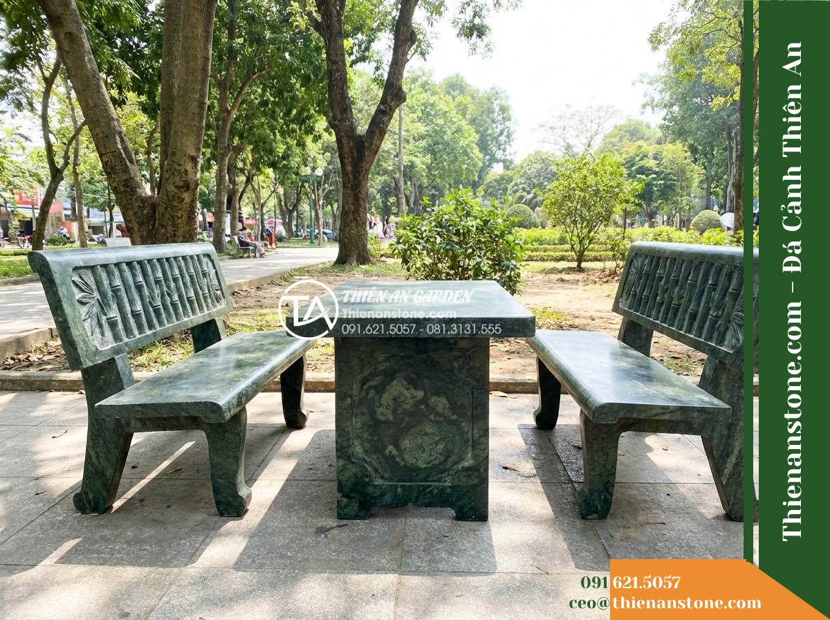 Ghế Đá Công Viên Có Tựa Nan Thanh Trúc 150x50x88cm – Đá Xanh Cẩm Thạch