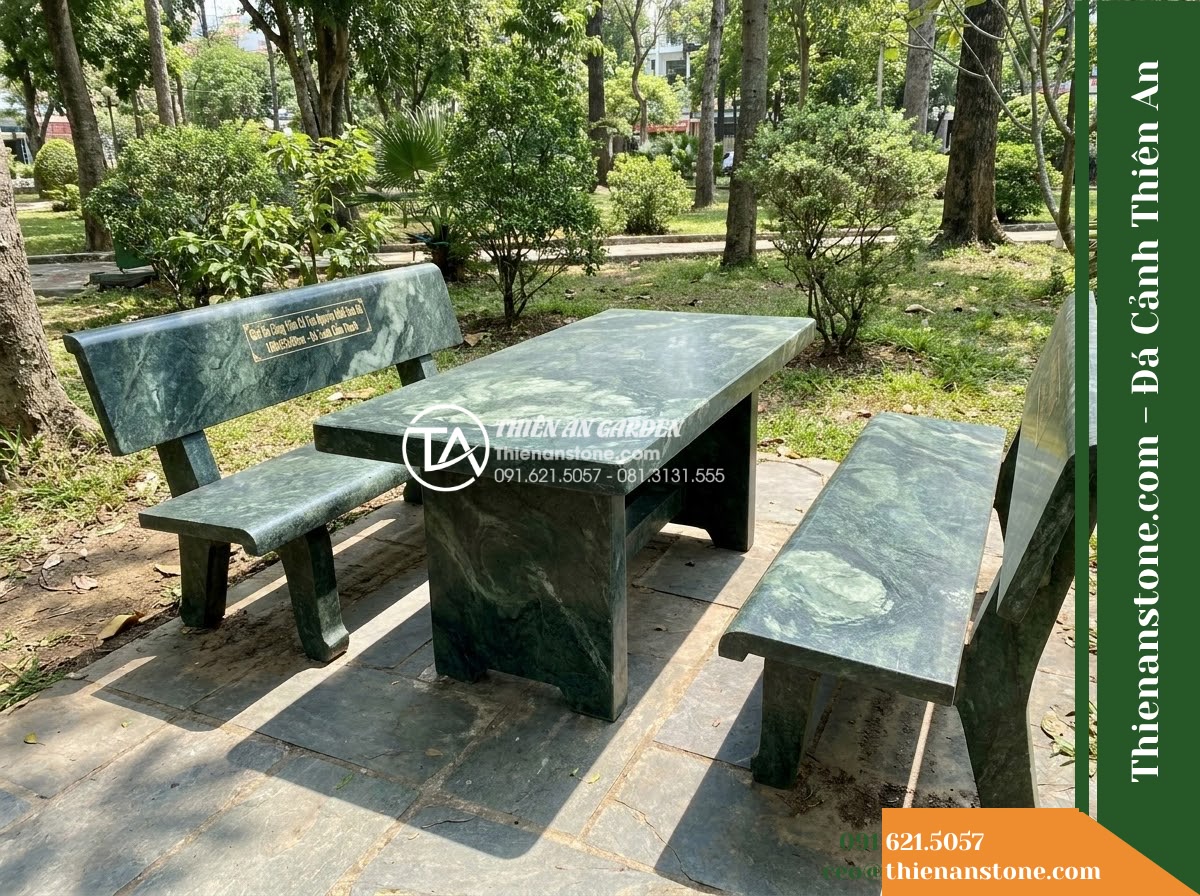 Ghế Đá Công Viên Có Tựa Nguyên Khối Sơn Hà 180x55x90cm – Đá Xanh Cẩm Thạch
