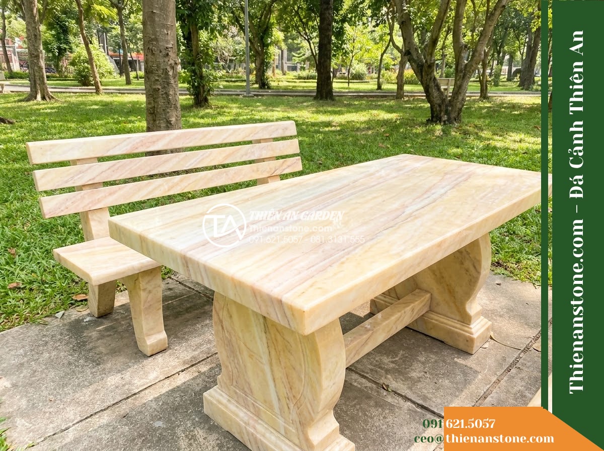 Ghế Đá Công Viên Có Tựa Song Ngang Gia Hưng 150x50x88cm – Đá Vàng Cẩm Thạch