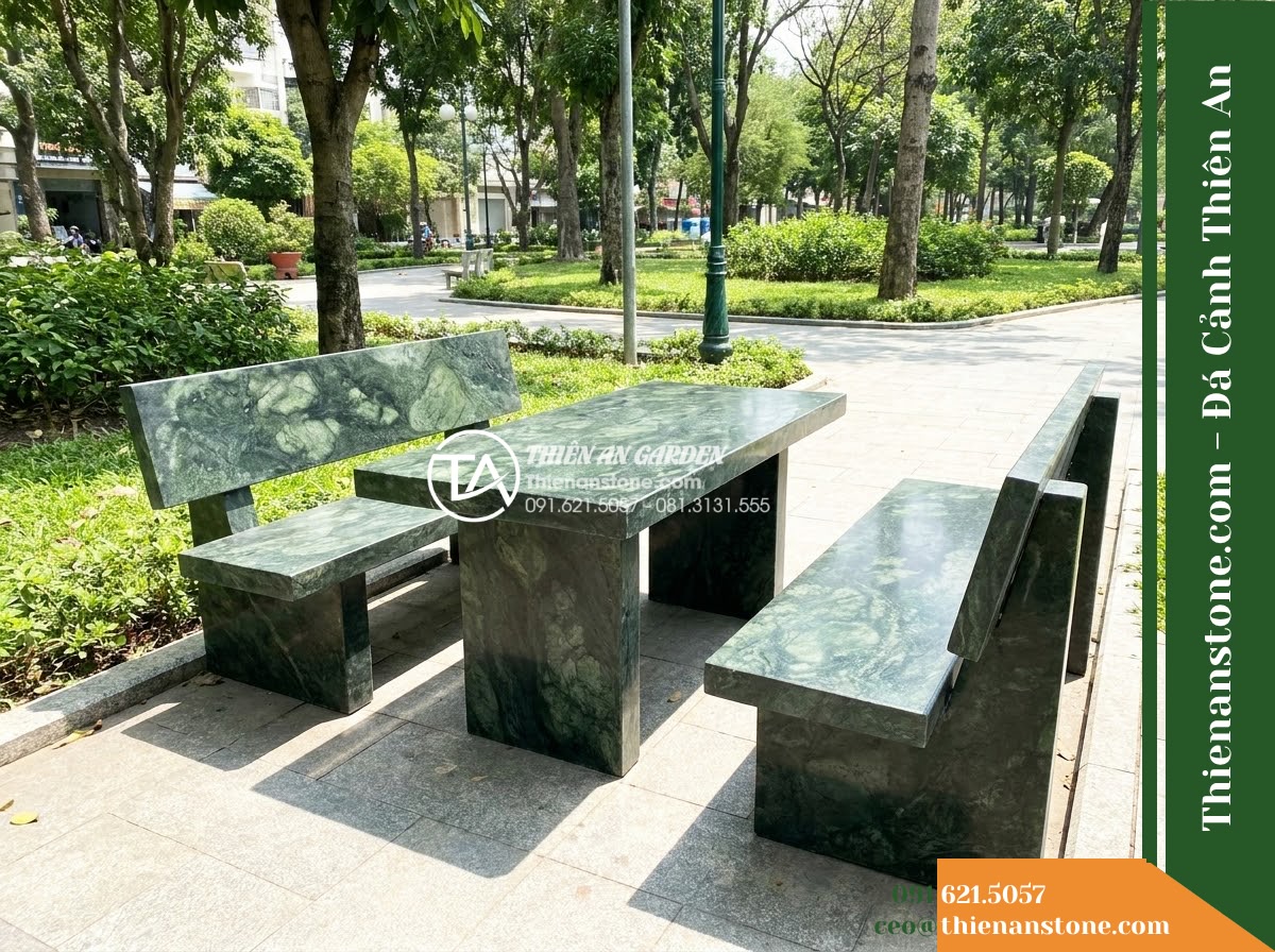 Ghế Đá Công Viên Có Tựa Thẳng Minh Sơn 160x50x85cm – Đá Xanh Cẩm Thạch