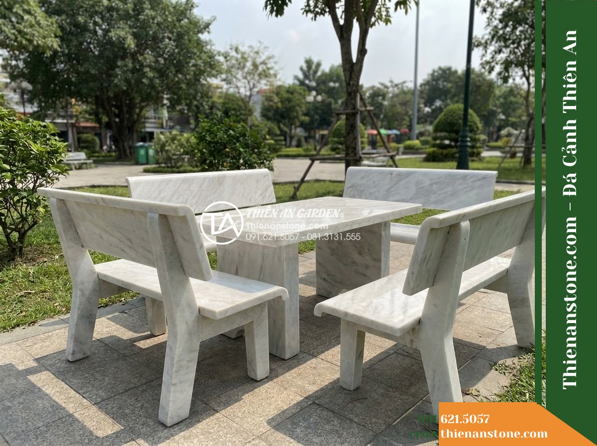 Ghế Đá Công Viên Có Tựa Thẳng Thanh Bình 160x50x85cm – Đá Trắng Cẩm Thạch