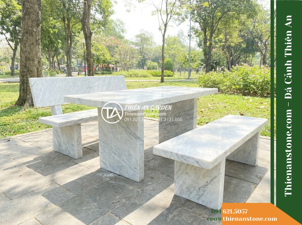 Ghế Đá Công Viên Có Tựa Thấp Hòa Viên 140x45x75cm – Đá Trắng Cẩm Thạch