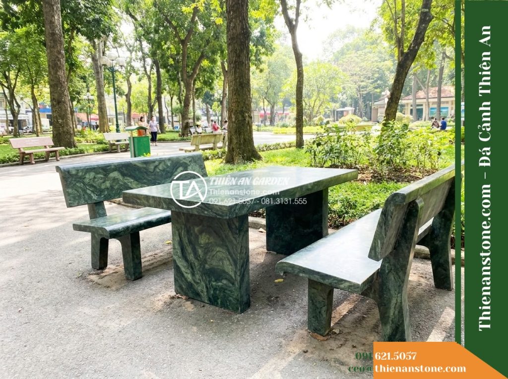 Ghế Đá Công Viên Có Tựa Thấp Mộc An 140x45x75cm – Đá Xanh Cẩm Thạch