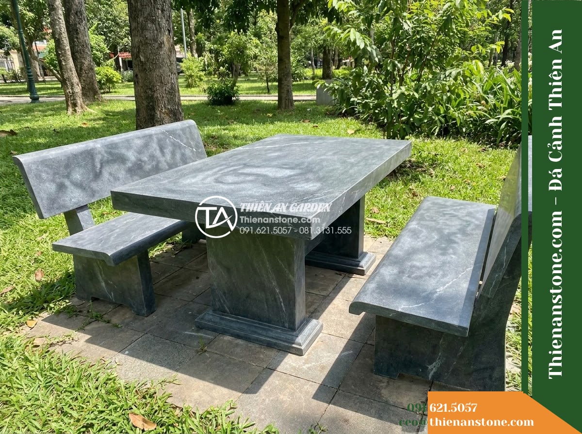 Ghế Đá Công Viên Có Tựa Thấp Tĩnh Sơn 140x45x75cm – Đá Đen Cẩm Thạch