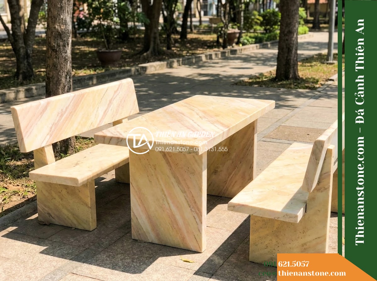 Ghế Đá Công Viên Có Tựa Thấp Tối Giản An Phúc 140x45x75cm – Đá Vàng Cẩm Thạch