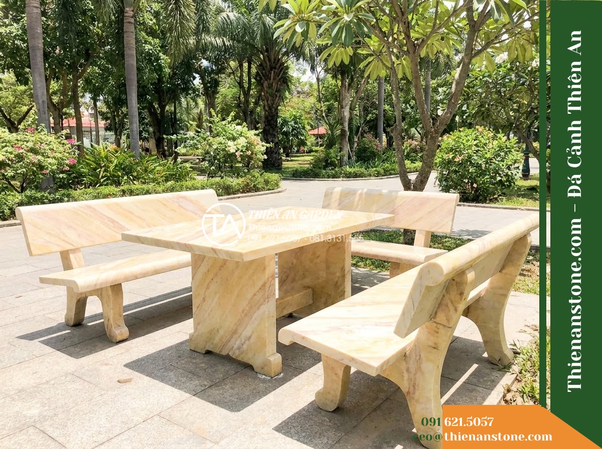 Ghế Đá Công Viên Có Tựa Tròn Viền Thanh Lộc 140x50x82cm – Đá Vàng Cẩm Thạch