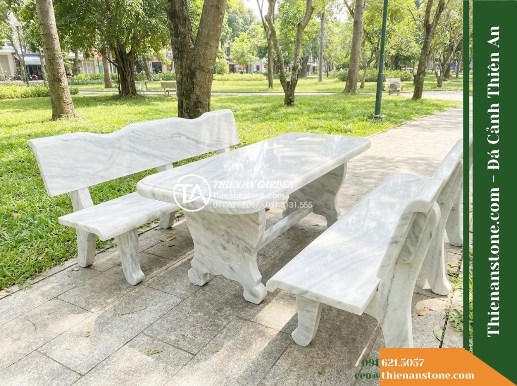 Ghế Đá Công Viên Có Tựa Uốn Lượn Vân Sơn 170x50x85cm – Đá Trắng Cẩm Thạch