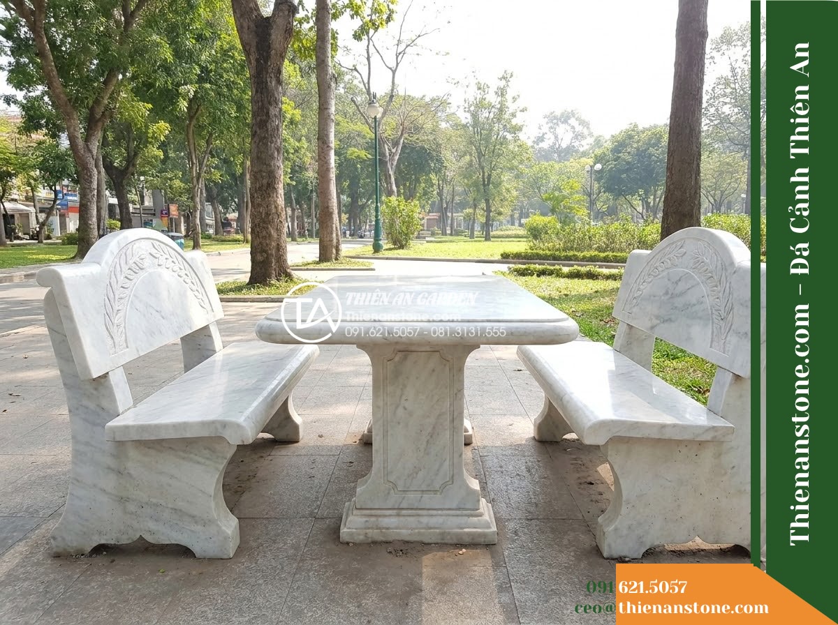 Ghế Đá Công Viên Có Tựa Vòm Nguyệt Quế 160x50x88cm – Đá Trắng Cẩm Thạch