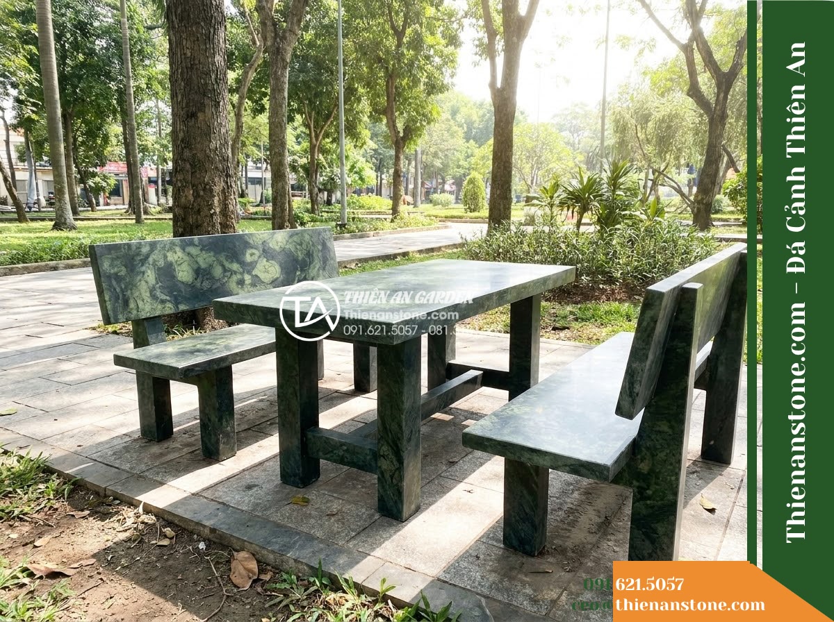 Ghế Đá Công Viên Có Tựa Vuông Đông Phương 180x55x90cm – Đá Xanh Cẩm Thạch