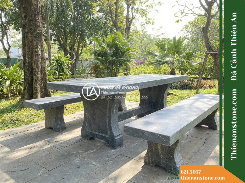Ghế Đá Công Viên Không Tựa Bản Rộng Đại Sơn 180x55x45cm – Đá Đen Cẩm Thạch