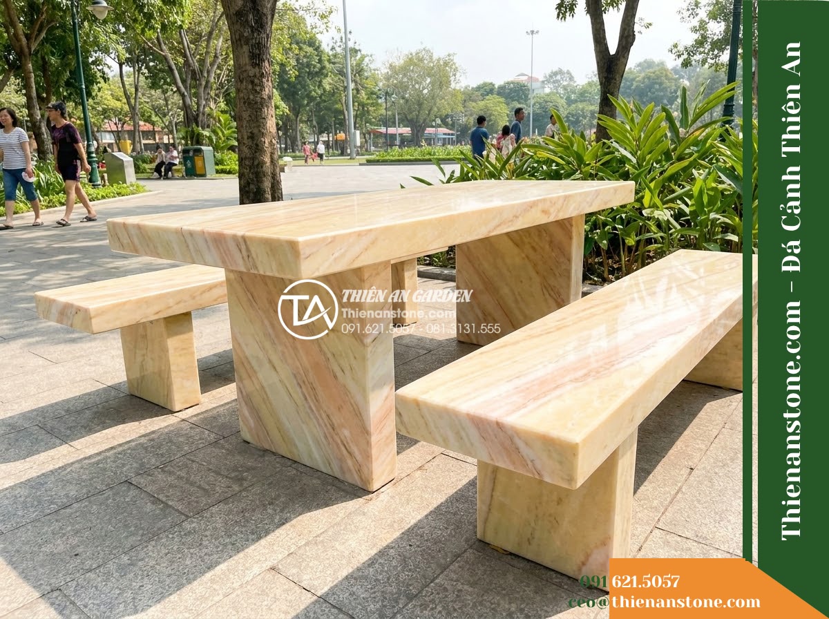 Ghế Đá Công Viên Không Tựa Bản Rộng Thịnh Vượng 180x55x45cm – Đá Vàng Cẩm Thạch