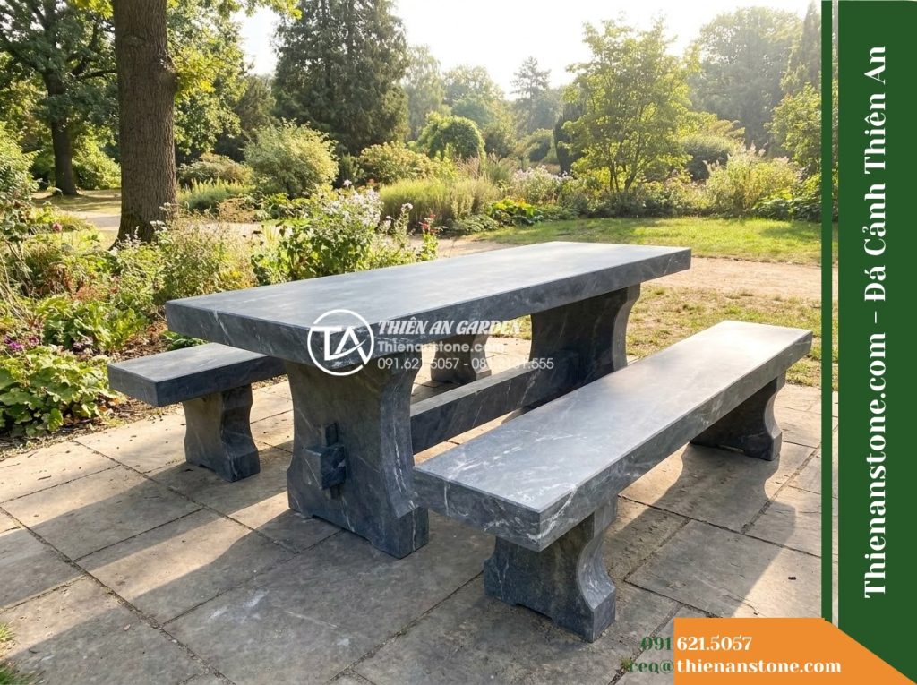 Ghế Đá Công Viên Không Tựa Băng Dài Huyền Sơn 180x45x45cm – Đá Đen Cẩm Thạch