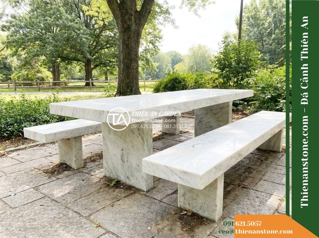 Ghế Đá Công Viên Không Tựa Băng Dài Tối Giản 180x45x45cm – Đá Trắng Cẩm Thạch