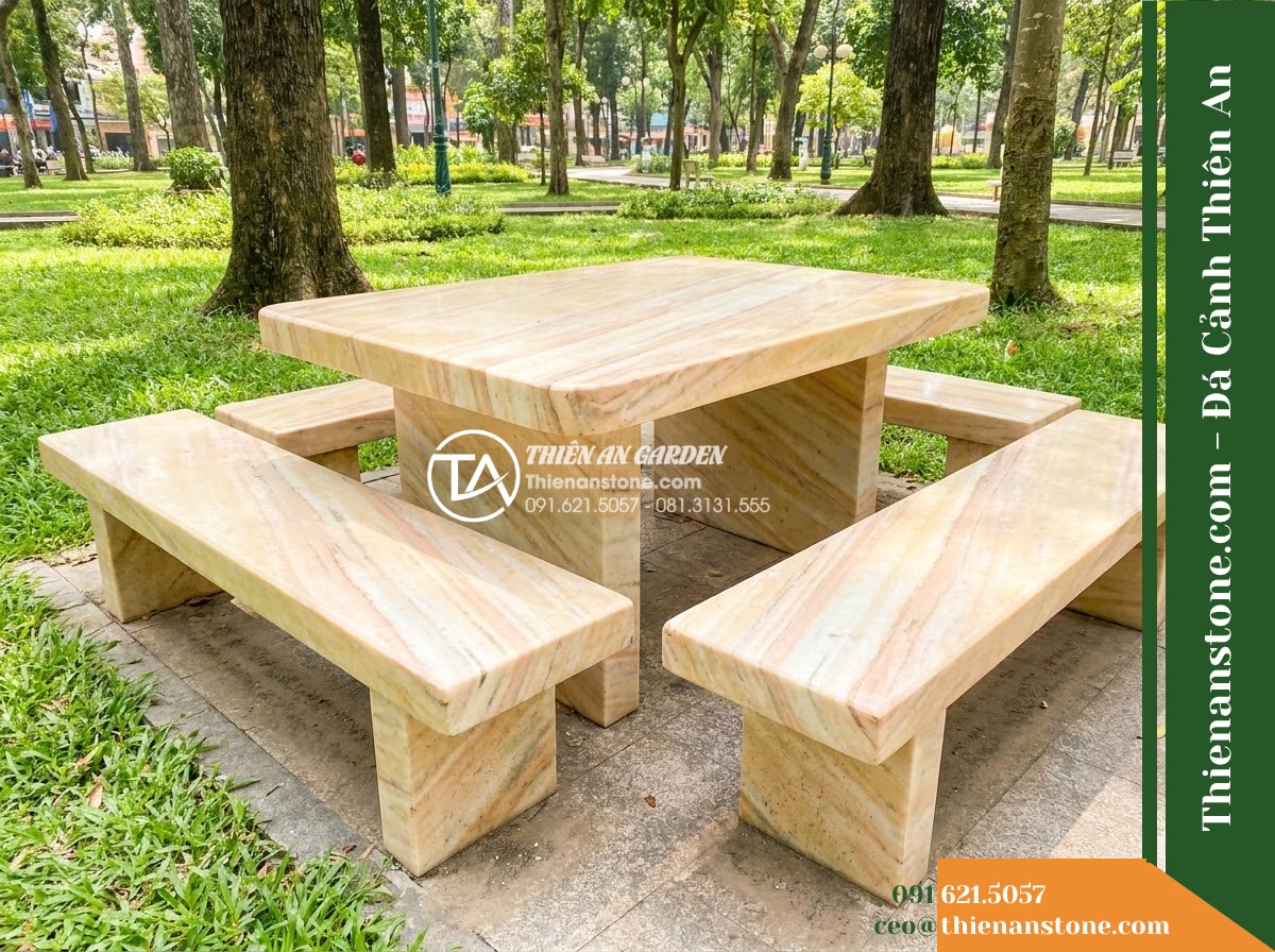 Ghế Đá Công Viên Không Tựa Bo Góc Phúc Khang 150x45x45cm – Đá Vàng Cẩm Thạch