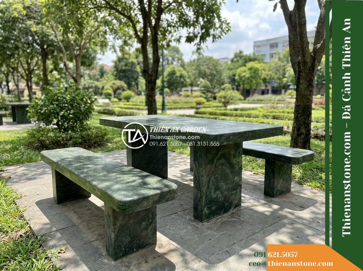 Ghế Đá Công Viên Không Tựa Bo Góc Sơn Hà 150x45x45cm – Đá Xanh Cẩm Thạch