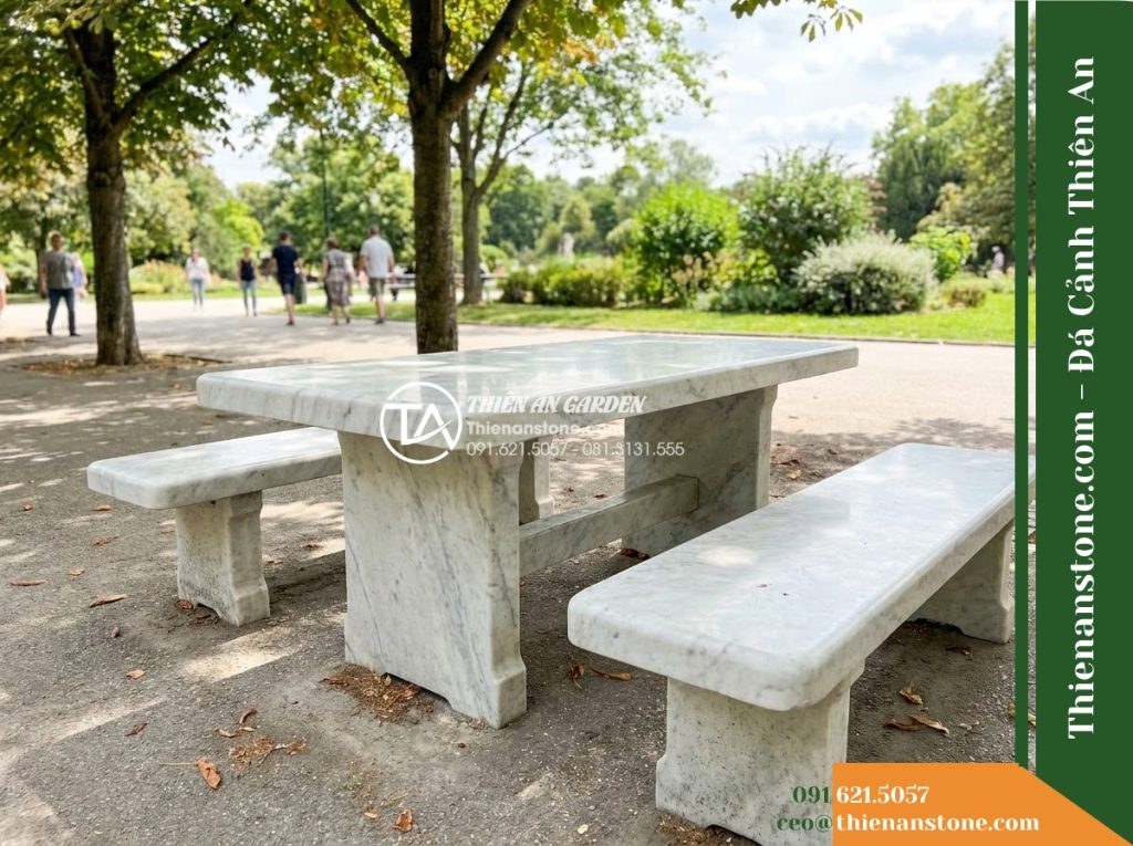 Ghế Đá Công Viên Không Tựa Bo Góc Thiên Bình 150x45x45cm – Đá Trắng Cẩm Thạch