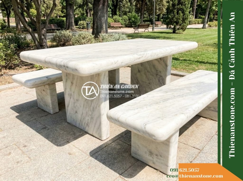 Ghế Đá Công Viên Không Tựa Bo Tròn Minh An 140x45x45cm – Đá Trắng Cẩm Thạch