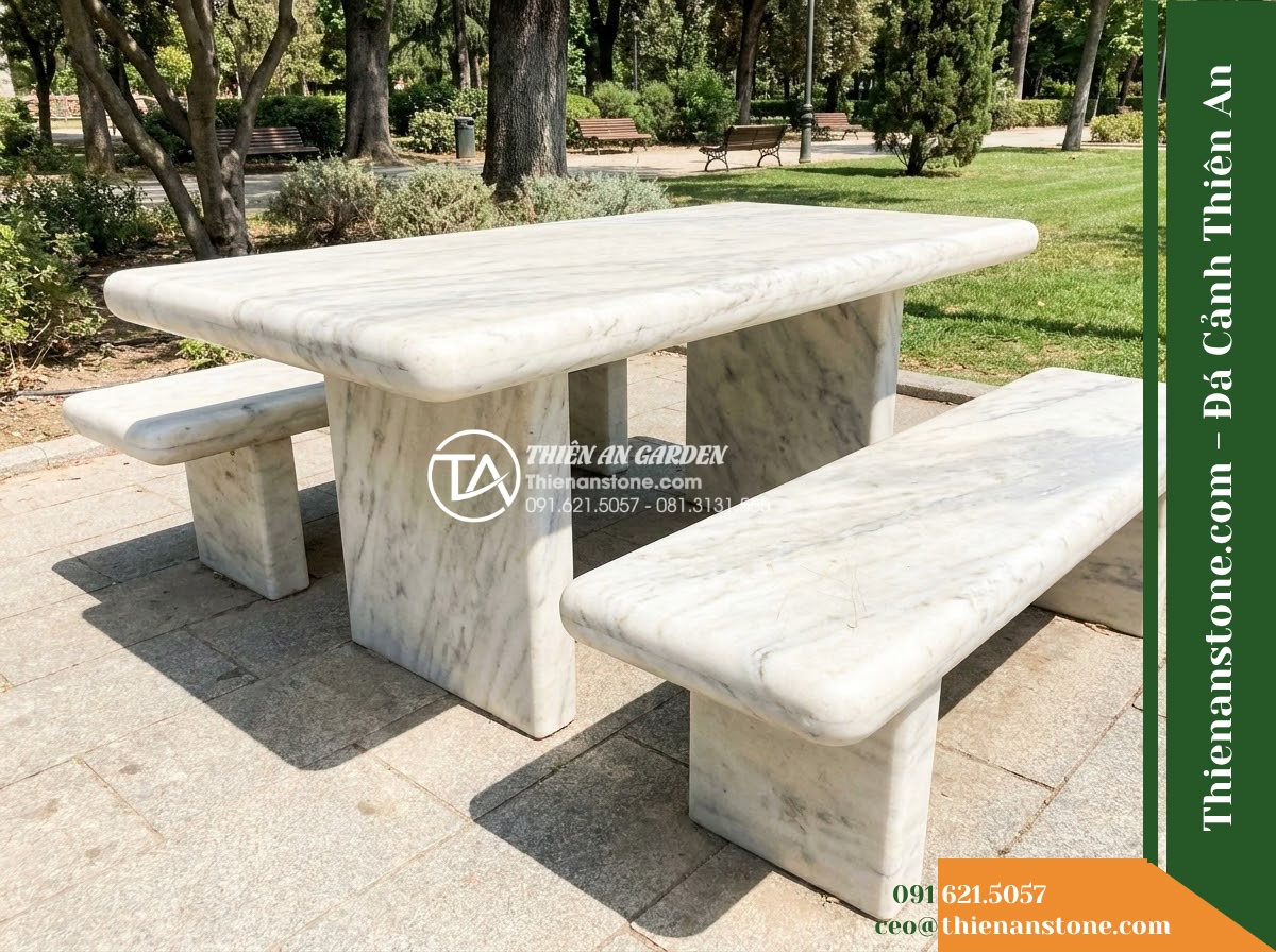 Ghế Đá Công Viên Không Tựa Bo Tròn Minh An 140x45x45cm – Đá Trắng Cẩm Thạch