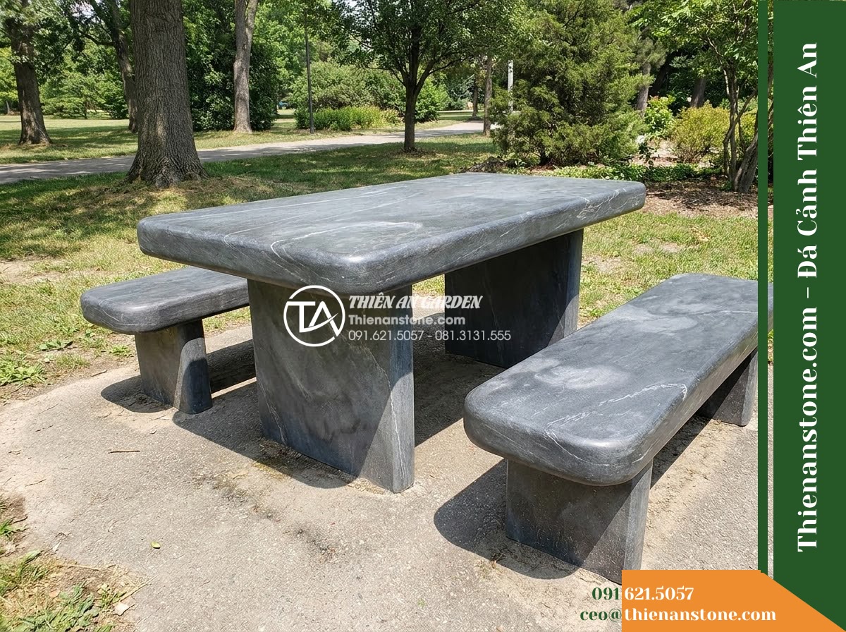 Ghế Đá Công Viên Không Tựa Bo Tròn Tĩnh Sơn 140x45x45cm – Đá Đen Cẩm Thạch