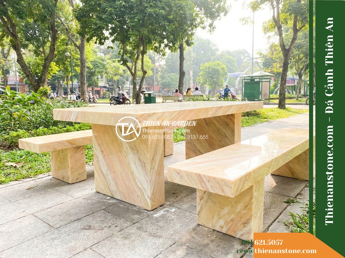 Ghế Đá Công Viên Không Tựa Chân Khối Đại Phúc 160x45x45cm – Đá Vàng Cẩm Thạch