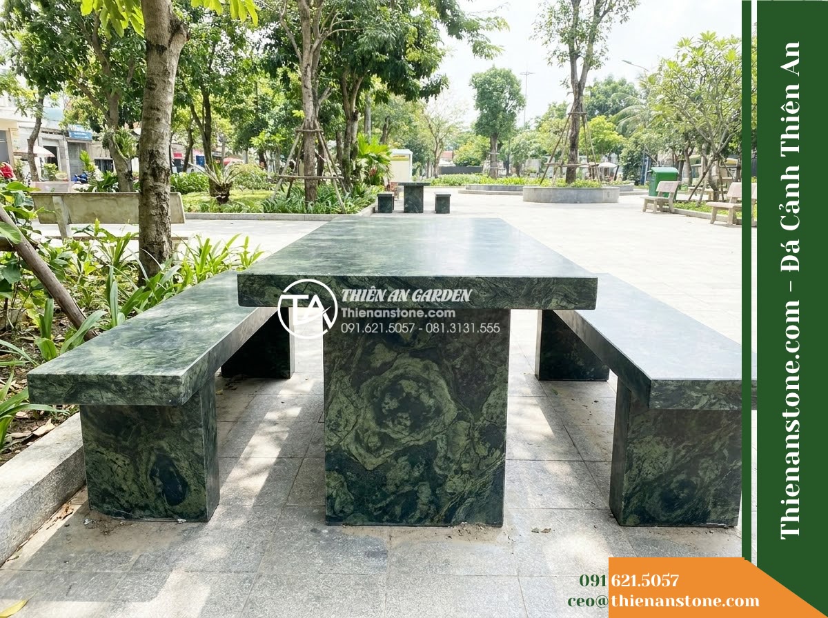 Ghế Đá Công Viên Không Tựa Chân Khối Trường Xuân 160x45x45cm – Đá Xanh Cẩm Thạch