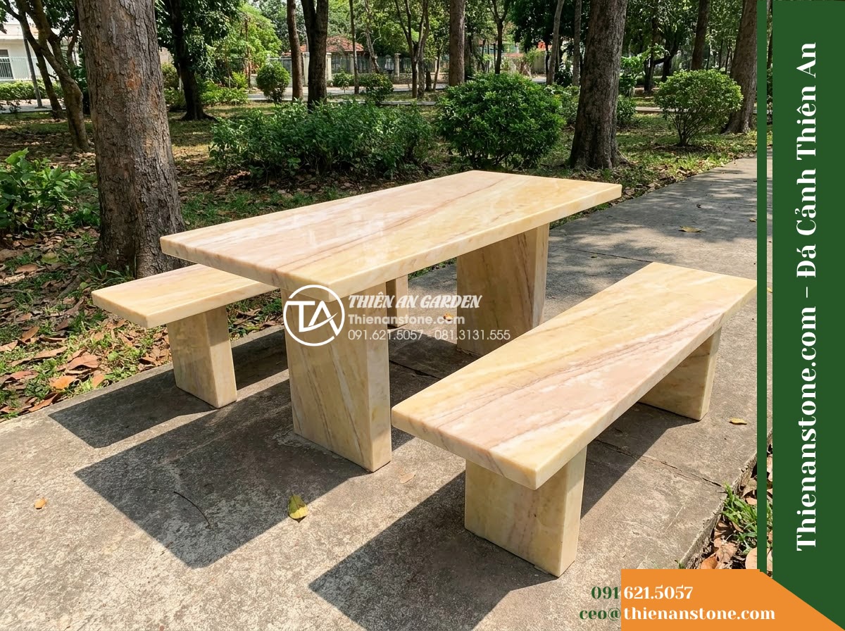 Ghế Đá Công Viên Không Tựa Chân Trụ Bảo An 150x45x45cm – Đá Vàng Cẩm Thạch