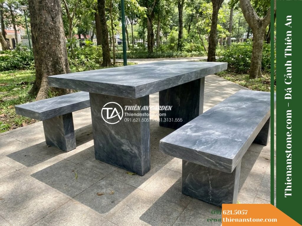 Ghế Đá Công Viên Không Tựa Chân Trụ Hòa Sơn 150x45x45cm – Đá Đen Cẩm Thạch