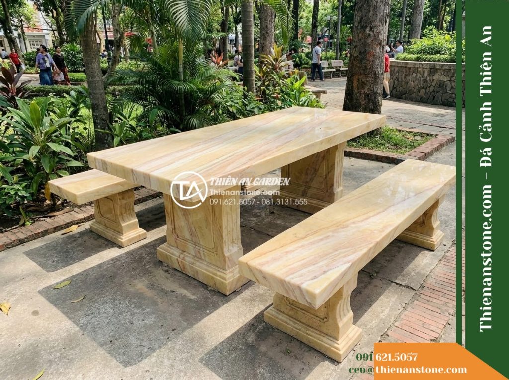 Ghế Đá Công Viên Không Tựa Dáng Chữ Nhật Hoàng Gia 180x45x45cm – Đá Vàng Cẩm Thạch