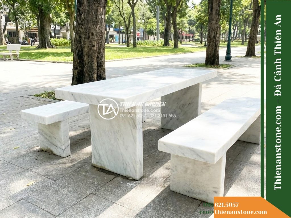 Ghế Đá Công Viên Không Tựa Dáng Chữ Nhật Thiên Lộc 180x45x45cm – Đá Trắng Cẩm Thạch