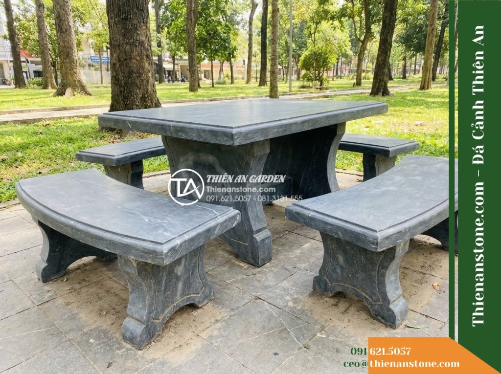 Ghế Đá Công Viên Không Tựa Dáng Cong Vĩnh Phúc 150x45x45cm – Đá Đen Cẩm Thạch