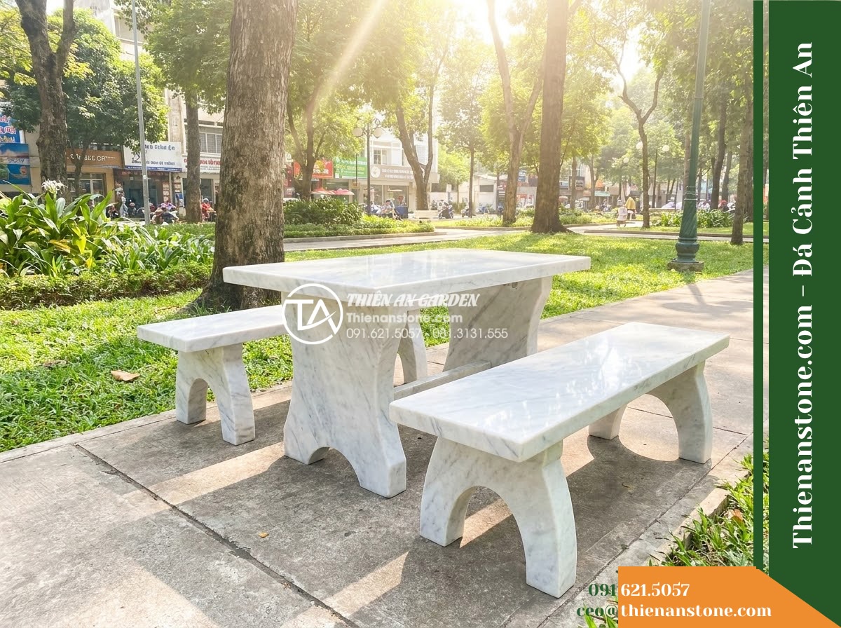 Ghế Đá Công Viên Không Tựa Dáng Vòm Đông Sơn 140x45x45cm – Đá Trắng Cẩm Thạch