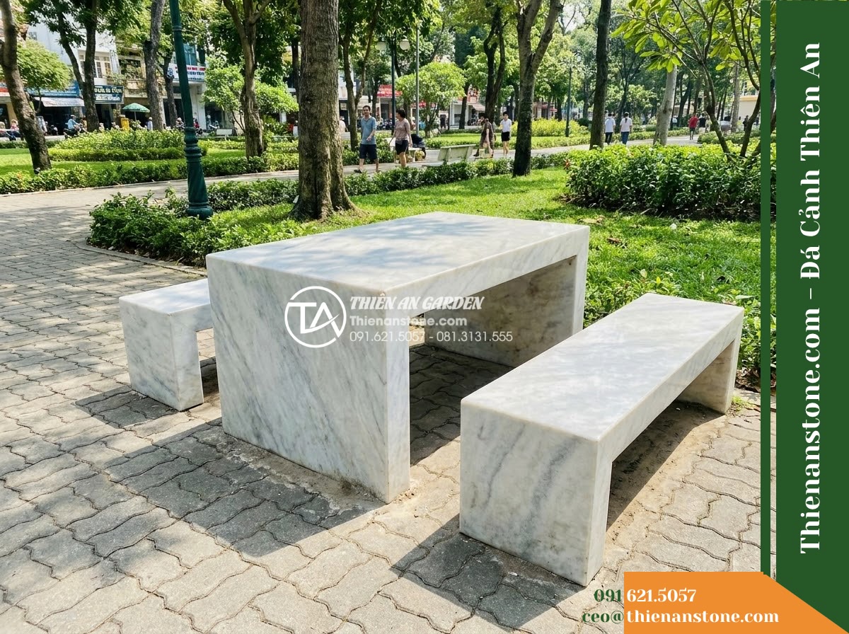 Ghế Đá Công Viên Không Tựa Khối Thấp Tĩnh Viên 140x50x40cm – Đá Trắng Cẩm Thạch